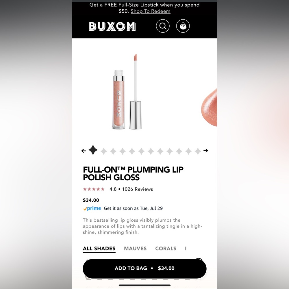 BNIB NEW Buxom Full-On Mini Plumping Lip Polish Gloss Celeste (Sparkling Peach)